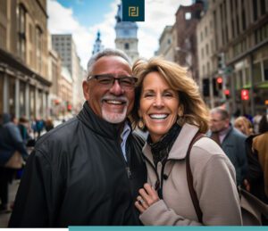 Happy couple in street near city center