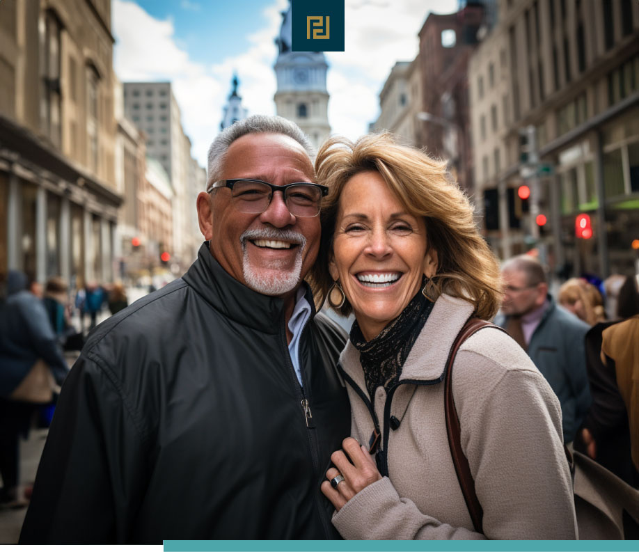 Happy couple in street near city center