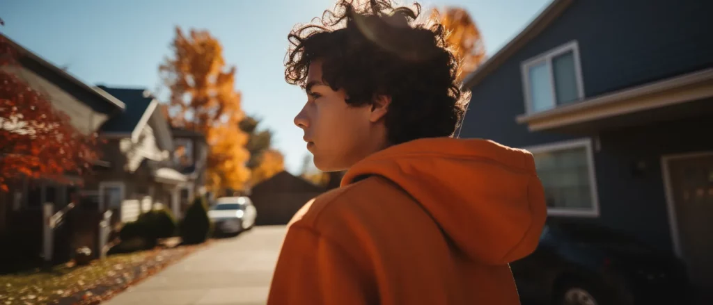 boy looking at street with houses in orange hoody.