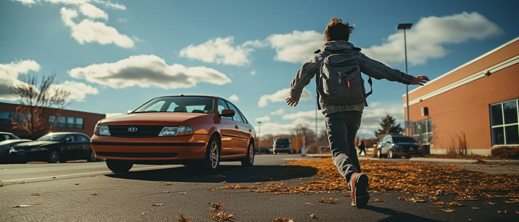 child running toward car