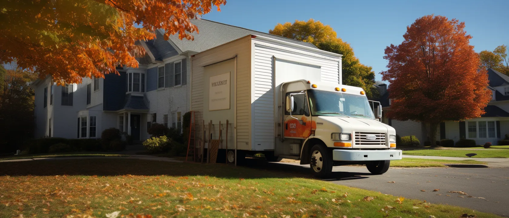 A white moving truck parked in front of a house