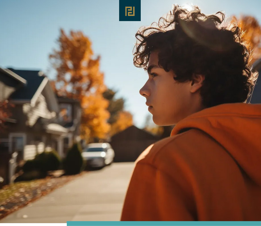 boy looking at street with houses in orange hoody.