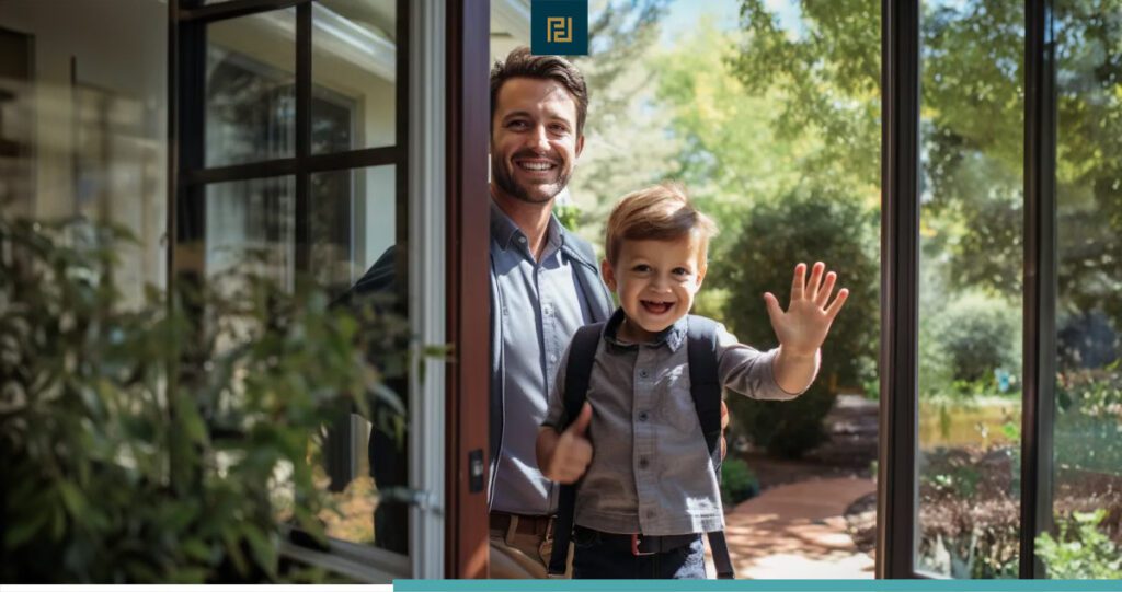 A man and a child standing in the doorway of their home